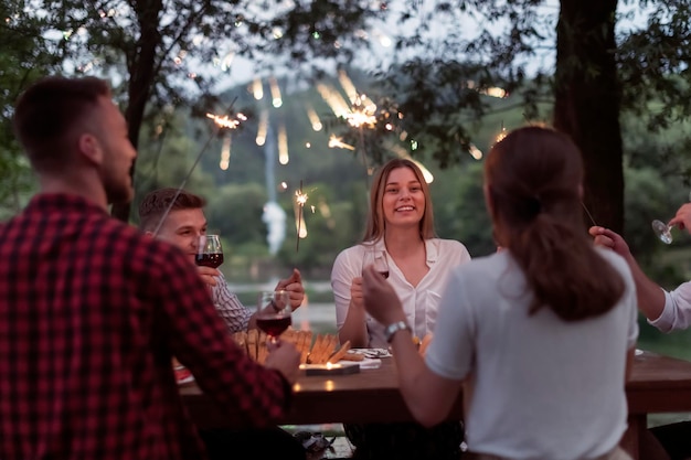 grupo de amigos felices brindando con una copa de vino tinto mientras hacen un picnic en una cena francesa al aire libre durante las vacaciones de verano cerca del río en la hermosa naturaleza