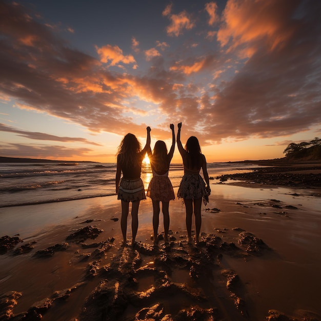 Grupo de amigos felices charlando frente a la puesta de sol con las espaldas a la cámara IA generativa