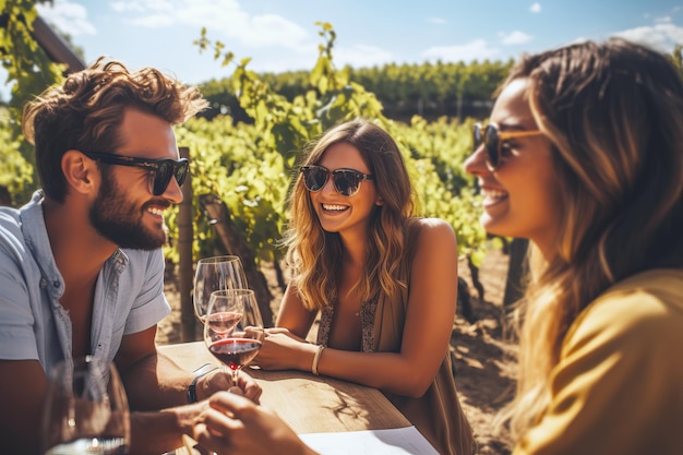 Un grupo de amigos felices degustando vino en un viñedo