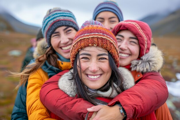 Un grupo de amigos felices disfrutando de la aventura al aire libre en las montañas