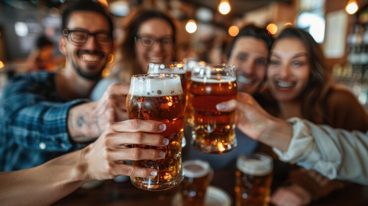 Un grupo de amigos felices disfrutando de una cerveza en un bar con diferentes nacionalidades
