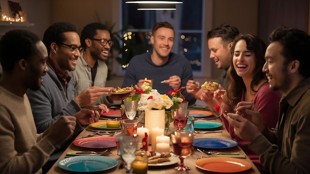 Un grupo de amigos felices disfrutando de la conversación y el aperitivo en la mesa de comedor en casa