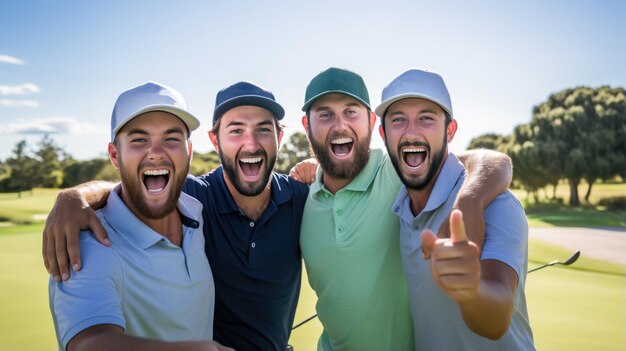 Grupo de amigos felices jugando al golf en el campo