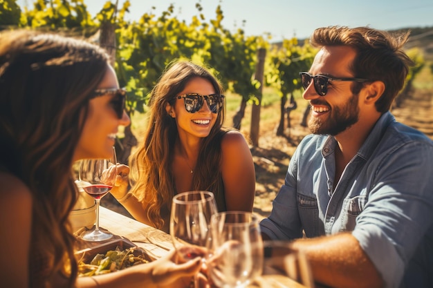 Grupo de amigos felices probando vino en un viñedo