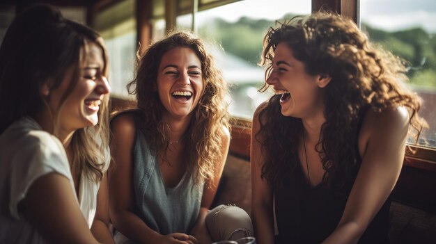 Un grupo de amigos felices riendo juntos en un escenario cinematográfico