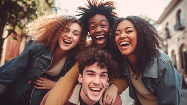 grupo de amigos felices y sonrientes caminando y riendo en la ciudad IA generativa