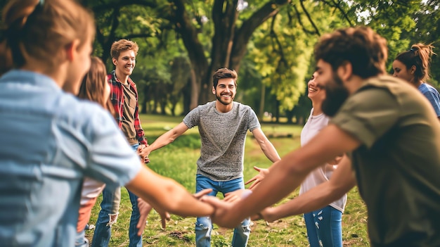 Un grupo de amigos felices tomados de la mano en un círculo en el parque todos están sonriendo y riendo y parece que se están divirtiendo mucho