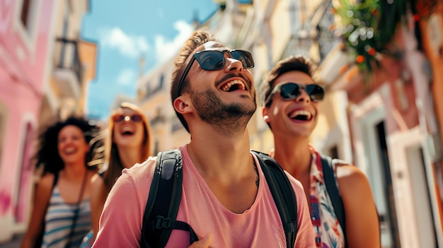 Foto un grupo de amigos felices de vacaciones riendo y divirtiéndose en la ciudad.