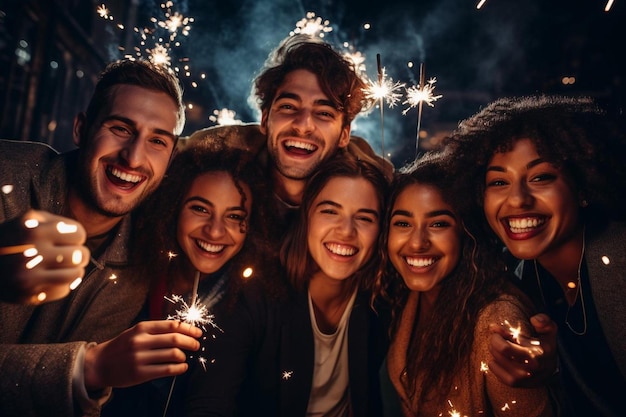 Un grupo de amigos con fuegos artificiales de fondo.