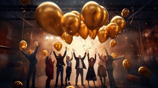 Un grupo de amigos con globos en la víspera de Año Nuevo celebrando el Año Nuevo con globos dorados