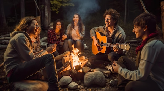 Grupo de amigos hablando y riendo alrededor de una fogata durante el otoño creando recuerdos cálidos y abrazando el compañerismo