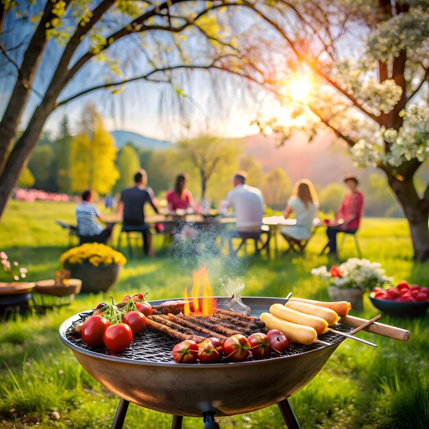 Un grupo de amigos haciendo una fiesta al aire libre se centran en la parrilla de barbacoa con comida