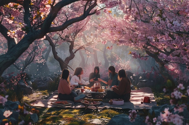 Un grupo de amigos haciendo un picnic en un che en flor.