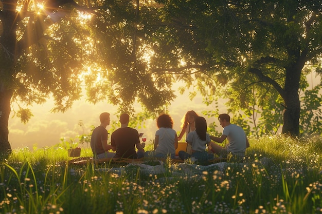 Un grupo de amigos haciendo un picnic en un m soleado