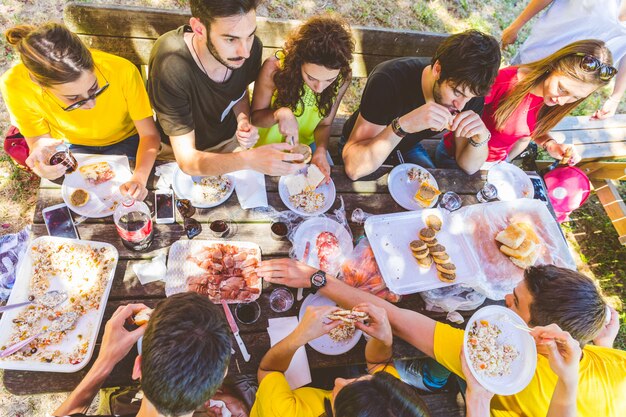 Grupo de amigos haciendo picnic en el parque