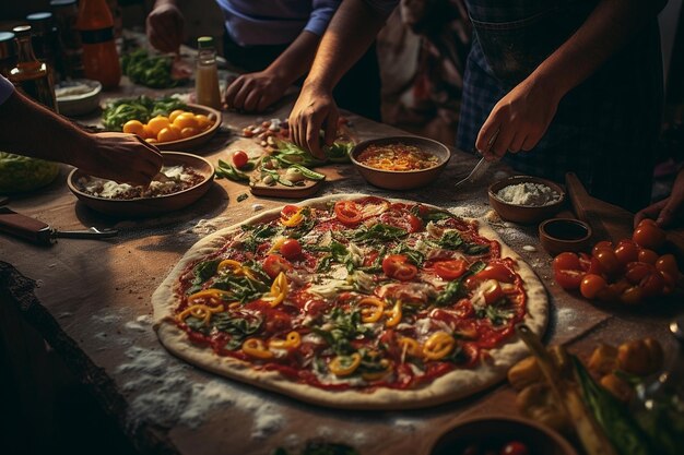 Foto un grupo de amigos haciendo pizzas juntos en un taller de fabricación de pizzas