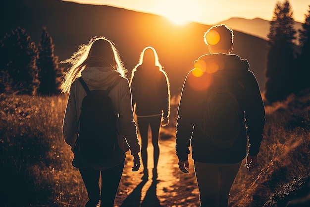 Grupo de amigos haciendo senderismo en las montañas al atardecer IA generativa