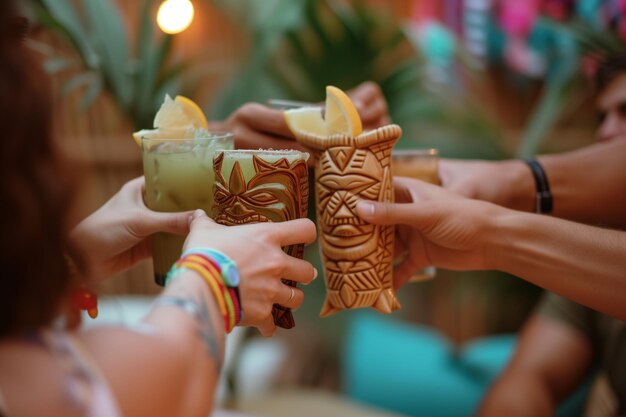 Foto un grupo de amigos haciendo sonar gafas de tiki en una fiesta