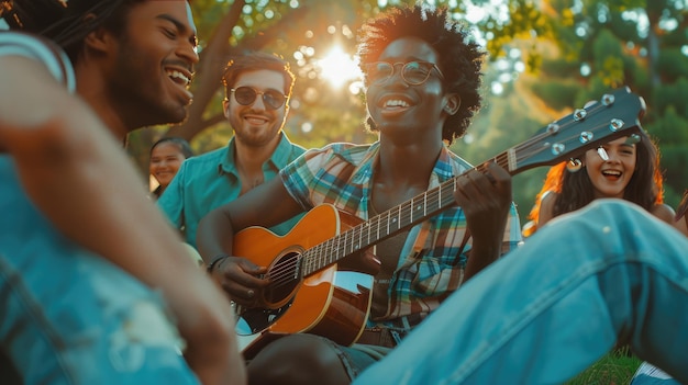 Foto un grupo de amigos interraciales divirtiéndose con la guitarra y disfrutando de la música en el parque