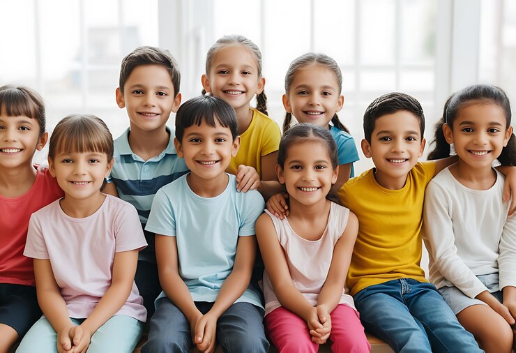 Grupo de amigos de jardín de infantes sentados y sonriendo, niños sonrientes sentados brazo a brazo.