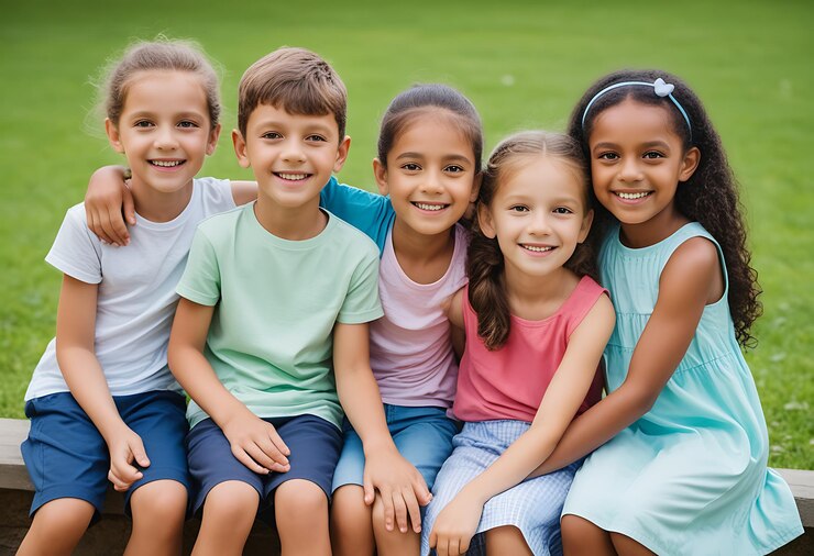 Grupo de amigos de jardín de infantes sentados y sonriendo, niños sonrientes sentados brazo a brazo.