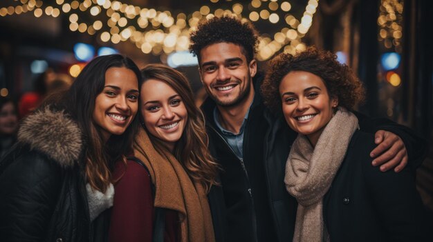 Un grupo de amigos jóvenes y diversos celebrando las fiestas de Navidad y Año Nuevo juntos afuera en la ciudad