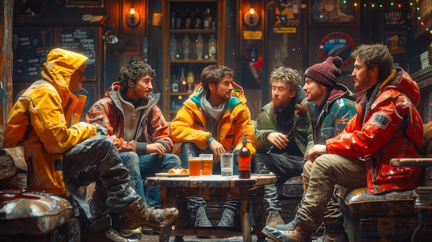 Un grupo de amigos jóvenes divirtiéndose en un pub.