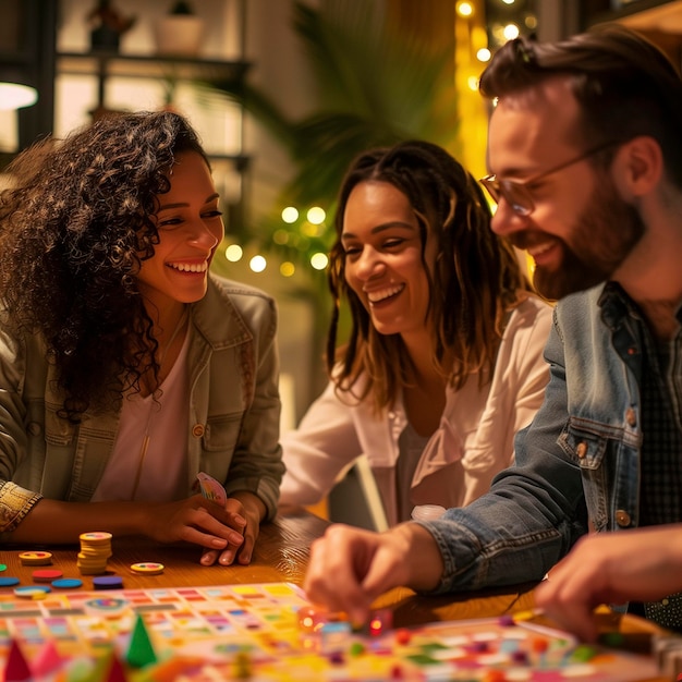 Grupo de amigos jóvenes jugando a juegos de mesa todos juntos divirtiéndose y disfrutando de la noche de fiesta navideña en amistad Hombres y mujeres adultos juegan y disfrutan de actividades de ocio en interiores en casa