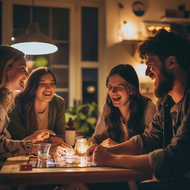 Foto grupo de amigos jóvenes jugando a juegos de mesa todos juntos divirtiéndose y disfrutando de la noche de fiesta navideña en amistad hombres y mujeres adultos juegan y disfrutan de actividades de ocio en interiores en casa