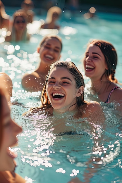 Un grupo de amigos jóvenes nadando en una piscina durante las vacaciones de verano