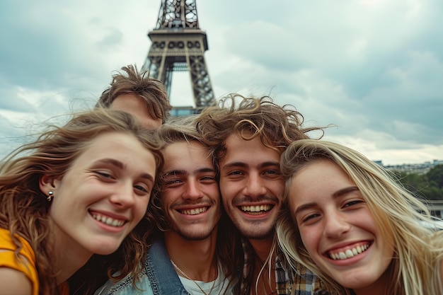 Grupo de amigos jóvenes sonrientes viajando frente a la Torre Eifel en París en verano