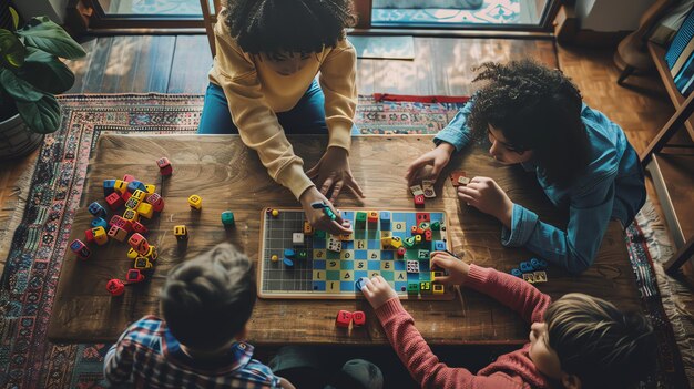 Un grupo de amigos juega un juego de mesa en una mesa de madera