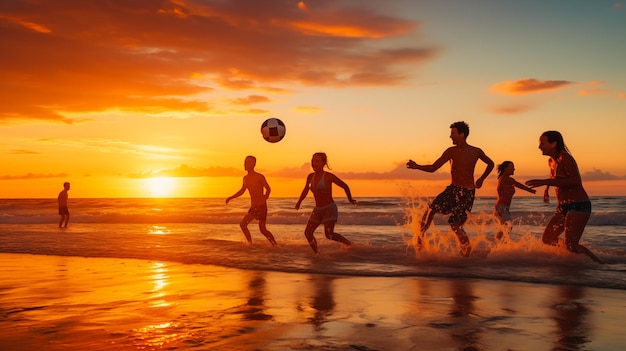 Grupo de amigos jugando al fútbol en la playa al atardecer Concepto de familia amistosa