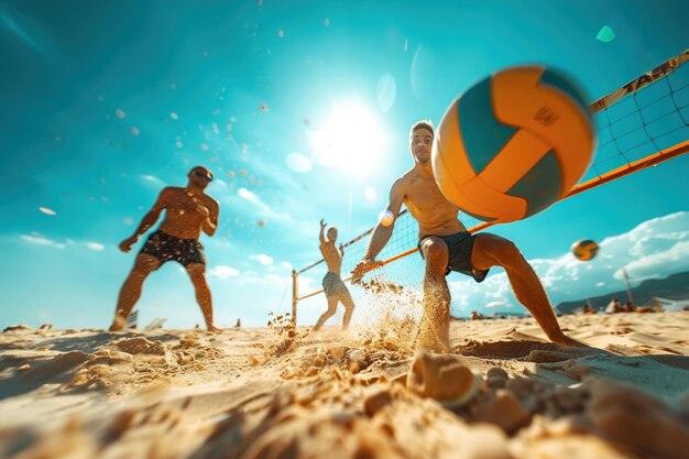 Un grupo de amigos jugando al voleibol de playa en la arena. El espíritu de trabajo en equipo compite.