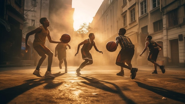 Un grupo de amigos jugando baloncesto.