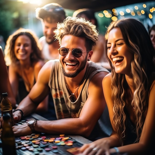 grupo de amigos jugando un juego de mesa en un bar