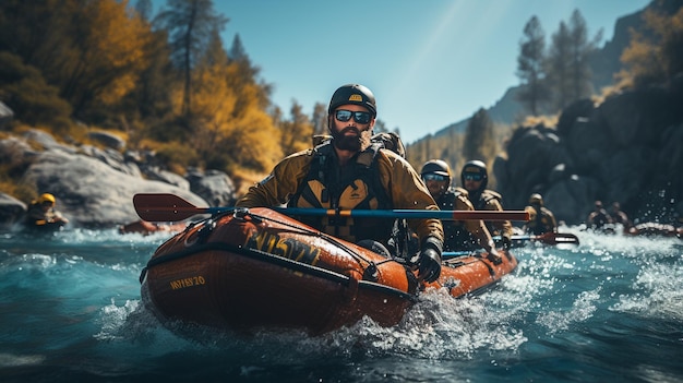 Grupo de amigos en kayak en el río de la montaña en un día soleadogenerativo ai