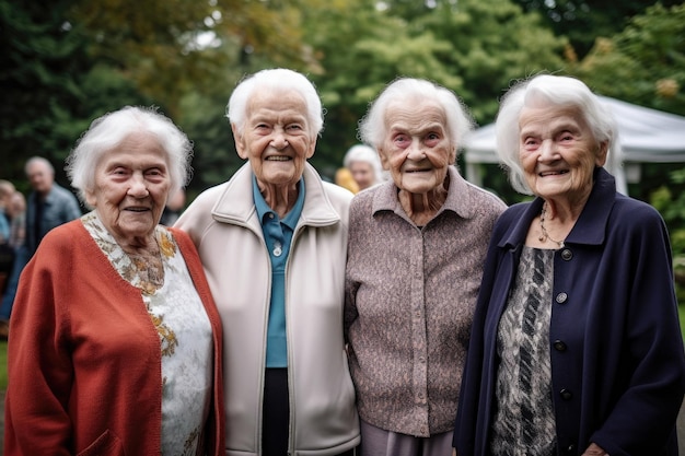 Un grupo de amigos mayores de pie juntos y sonriendo a la cámara creada con IA generativa