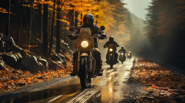 Un grupo de amigos montando motocicletas en el otoño en Canadá