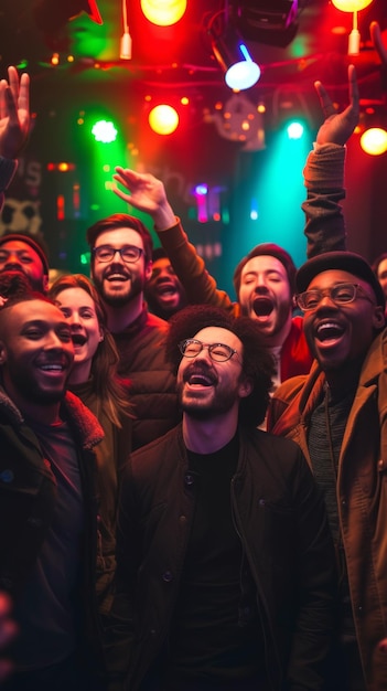 Foto un grupo de amigos multiétnicos animando en un concierto