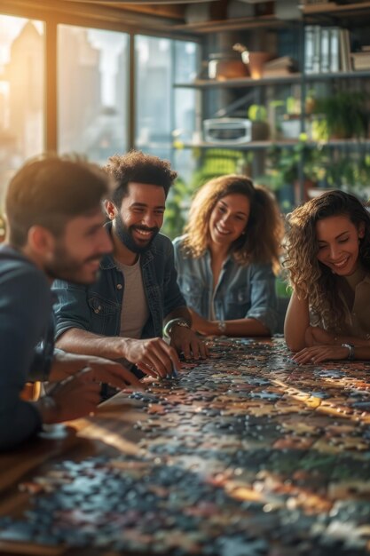 Foto un grupo de amigos multiétnicos haciendo un rompecabezas