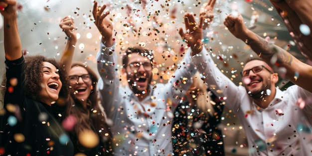 Foto un grupo de amigos de negocios celebrando un momento victorioso con confeti.