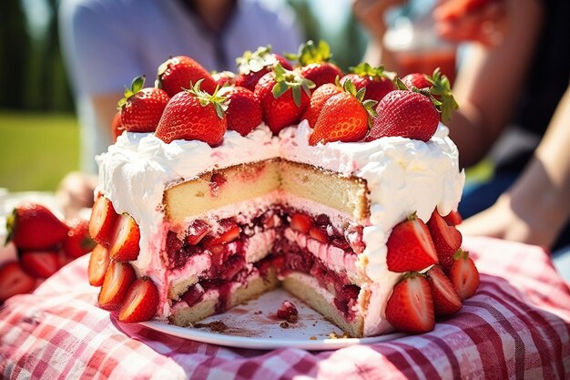 Un grupo de amigos o familiares celebrando con un pastel de fresa