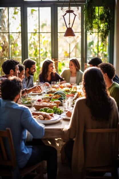 Foto un grupo de amigos o familiares reunidos alrededor de una mesa disfrutando de una comida navideña