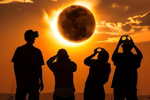 Un grupo de amigos observan un eclipse solar total desde el desierto con gafas y filtros solares