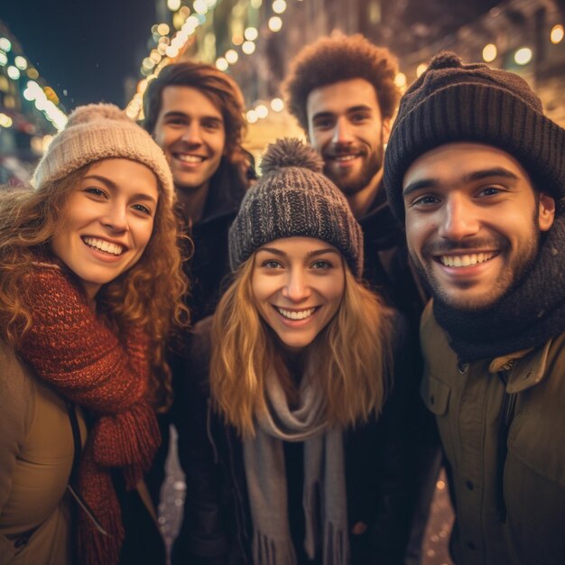 Grupo de amigos pasando tiempo juntos tiempo de invierno decoración de la ciudad de Navidad fondo