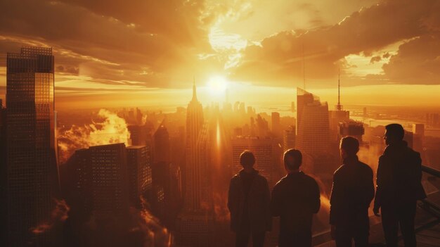 Foto un grupo de amigos de pie en la cima de un edificio alto viendo el amanecer sobre el horizonte de la ciudad el