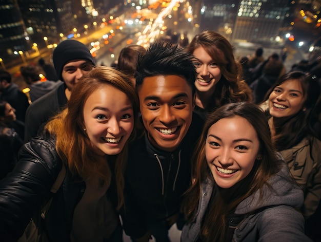 un grupo de amigos posan para una foto en una ciudad