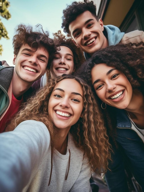 un grupo de amigos posan para una foto con su cámara.