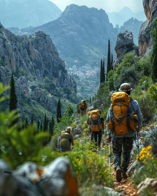 Foto un grupo de amigos que se embarcan en una caminata